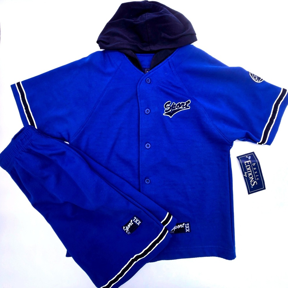 Basic Editions Boys Royal Blue Sport Jersey Hooded Shirt Shorts Set NWT Size 12
